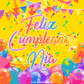A bright and festive GIF with the text 'Feliz Cumpleaños Nia' in Spanish in colorful fonts, surrounded by confetti, balloons, and festive banners on a vibrant yellow background.