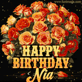 Animated bouquet of orange roses with moving butterfles and golden 'Happy Birthday Nia' text, surrounded by sparkling accents and a dark backdrop for a luxurious feel.