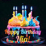 A mesmerizing animated cake with multicolor frosting and candles, and the words 'Happy Birthday Nia' on the black background.