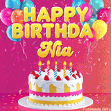 Pink-themed animated greeting with balloons, confetti, and a frosted cake under the message 'Happy Birthday Nia' in bold rounded yellow font.