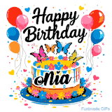 An animated birthday card for Nia. It features a festive cake with her name, 'Nia', and colorful butterflies. Floating balloons and hearts complete the joyful scene.