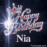 A customized birthday GIF for Nia displaying a majestic silver crown and glowing star particles.
