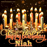 A glowing personalized birthday GIF with name Niah featuring lit candles with intricate designs, warm lighting, and the text 'Happy Birthday' in an elegant font.