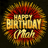 Golden 'Happy Birthday Niah' text accompanied by animated rainbow fireworks for a festive animated greeting.