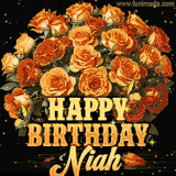 Animated bouquet of orange roses with moving butterfles and golden 'Happy Birthday Niah' text, surrounded by sparkling accents and a dark backdrop for a luxurious feel.