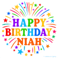 Happy Birthday Niah' GIF with rainbow-colored letters, colorful stars, and fireworks on white background.