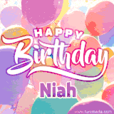 A vibrant name GIF featuring colorful balloons in shades of pink, orange, and yellow with the bold text 'Happy Birthday Niah' in festive fonts, creating a lively birthday vibe.