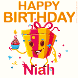 A vibrant and funny gift box character with a happy face dancing with a cupcake and the text 'Happy Birthday Niah,' surrounded by animated confetti and party vibes.