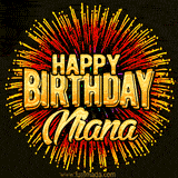 Golden 'Happy Birthday Niana' text accompanied by animated rainbow fireworks for a festive animated greeting.