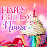 A vibrant birthday GIF featuring a rainbow-colored cupcake topped with white frosting, sprinkles, and a lit candle. The text reads 'Happy Birthday Niana' in bold pink and violet letters with white outline.