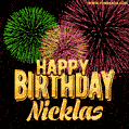 Wishing You A Happy Birthday, Nicklas! Best fireworks GIF animated greeting card.