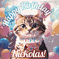 Happy birthday gif for Nickolas with cat and cake