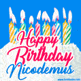 Happy Birthday GIF for Nicodemus with Birthday Cake and Lit Candles