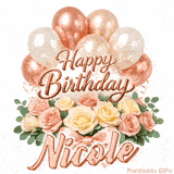 Rose gold balloons and beautiful flowers wishing Happy Birthday to Nicole