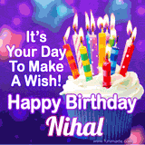 A colorful birthday GIF for Nihal featuring a cupcake with vibrant lit candles and the text 'It's Your Day to Make a Wish! Happy Birthday Nihal' in bold letters on a festive purple background.