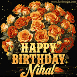 Animated bouquet of orange roses with moving butterfles and golden 'Happy Birthday Nihal' text, surrounded by sparkling accents and a dark backdrop for a luxurious feel.