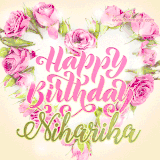 A stunning heart made of pink roses surrounds the elegant script text 'Happy Birthday Niharika' on a soft beige background. Animated sparkles add a magical and festive feel.