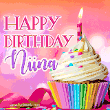 A vibrant birthday GIF featuring a rainbow-colored cupcake topped with white frosting, sprinkles, and a lit candle. The text reads 'Happy Birthday Niina' in bold pink and violet letters with white outline.