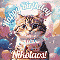 Happy birthday gif for Nikolaos with cat and cake