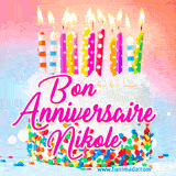 A white birthday cake covered in colorful sprinkles, topped with bright candles, and French text 'Bon Anniversaire Nikole' on a pastel gradient background in an animated GIF.