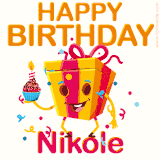 A vibrant and funny gift box character with a happy face dancing with a cupcake and the text 'Happy Birthday Nikole,' surrounded by animated confetti and party vibes.