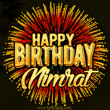 Golden 'Happy Birthday Nimrat' text accompanied by animated rainbow fireworks for a festive animated greeting.