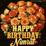 Animated bouquet of orange roses with moving butterfles and golden 'Happy Birthday Nimrat' text, surrounded by sparkling accents and a dark backdrop for a luxurious feel.