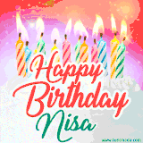 Bright birthday candles with rainbow flames on a cake, alongside the text 'Happy Birthday Nisa' in vibrant script in this celebratory animated GIF.