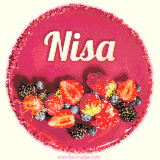 Beautifully decorated red velvet berry birthday cake with vibrant fruits and a glowing 'Nisa' name, adding a touch of sweetness and sparkle.