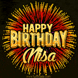 Golden 'Happy Birthday Nisa' text accompanied by animated rainbow fireworks for a festive animated greeting.