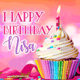 A vibrant birthday GIF featuring a rainbow-colored cupcake topped with white frosting, sprinkles, and a lit candle. The text reads 'Happy Birthday Nisa' in bold pink and violet letters with white outline.