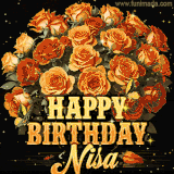 Animated bouquet of orange roses with moving butterfles and golden 'Happy Birthday Nisa' text, surrounded by sparkling accents and a dark backdrop for a luxurious feel.