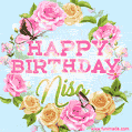 A charming animated GIF featuring 'Happy Birthday Nisa' in pink and green text, surrounded by delicate roses, leaves, and fluttering butterflies on a soft light blue pastel background.