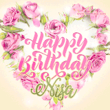 A stunning heart made of pink roses surrounds the elegant script text 'Happy Birthday Nisa' on a soft beige background. Animated sparkles add a magical and festive feel.