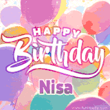 A vibrant name GIF featuring colorful balloons in shades of pink, orange, and yellow with the bold text 'Happy Birthday Nisa' in festive fonts, creating a lively birthday vibe.