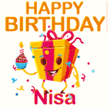 A vibrant and funny gift box character with a happy face dancing with a cupcake and the text 'Happy Birthday Nisa,' surrounded by animated confetti and party vibes.