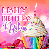 A vibrant birthday GIF featuring a rainbow-colored cupcake topped with white frosting, sprinkles, and a lit candle. The text reads 'Happy Birthday Nisha' in bold pink and violet letters with white outline.