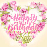 A stunning heart made of pink roses surrounds the elegant script text 'Happy Birthday Nissi' on a soft beige background. Animated sparkles add a magical and festive feel.