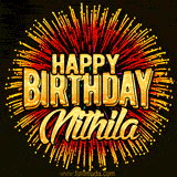 Golden 'Happy Birthday Nithila' text accompanied by animated rainbow fireworks for a festive animated greeting.