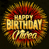 Golden 'Happy Birthday Nivea' text accompanied by animated rainbow fireworks for a festive animated greeting.