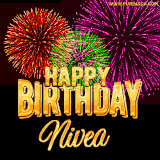 A golden 'Happy Birthday Nivea' message with vibrant fireworks in the background, creating a festive and celebratory vibe in this animated name GIF.