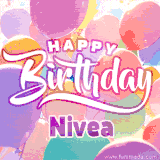 A vibrant name GIF featuring colorful balloons in shades of pink, orange, and yellow with the bold text 'Happy Birthday Nivea' in festive fonts, creating a lively birthday vibe.