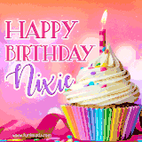 A vibrant birthday GIF featuring a rainbow-colored cupcake topped with white frosting, sprinkles, and a lit candle. The text reads 'Happy Birthday Nixie' in bold pink and violet letters with white outline.