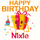 A vibrant and funny gift box character with a happy face dancing with a cupcake and the text 'Happy Birthday Nixie,' surrounded by animated confetti and party vibes.