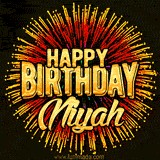 Golden 'Happy Birthday Niyah' text accompanied by animated rainbow fireworks for a festive animated greeting.