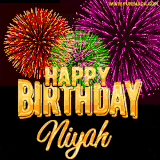 A golden 'Happy Birthday Niyah' message with vibrant fireworks in the background, creating a festive and celebratory vibe in this animated name GIF.