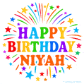 Happy Birthday Niyah' GIF with rainbow-colored letters, colorful stars, and fireworks on white background.
