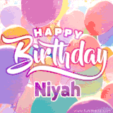A vibrant name GIF featuring colorful balloons in shades of pink, orange, and yellow with the bold text 'Happy Birthday Niyah' in festive fonts, creating a lively birthday vibe.