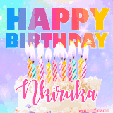 A vibrant animated name GIF with the words 'Happy Birthday Nkiruka' with colorful candles on a creamy cake. The background sparkles with pastel shades, adding a festive touch.