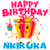 A vibrant and funny gift box character with a happy face dancing with a cupcake and the text 'Happy Birthday Nkiruka,' surrounded by animated confetti and party vibes.